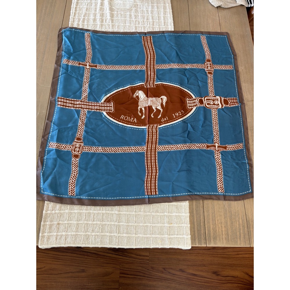 Roma dal 1925 Equestrian Horse Buckle Print Square Scarf Blue Brown 21x21